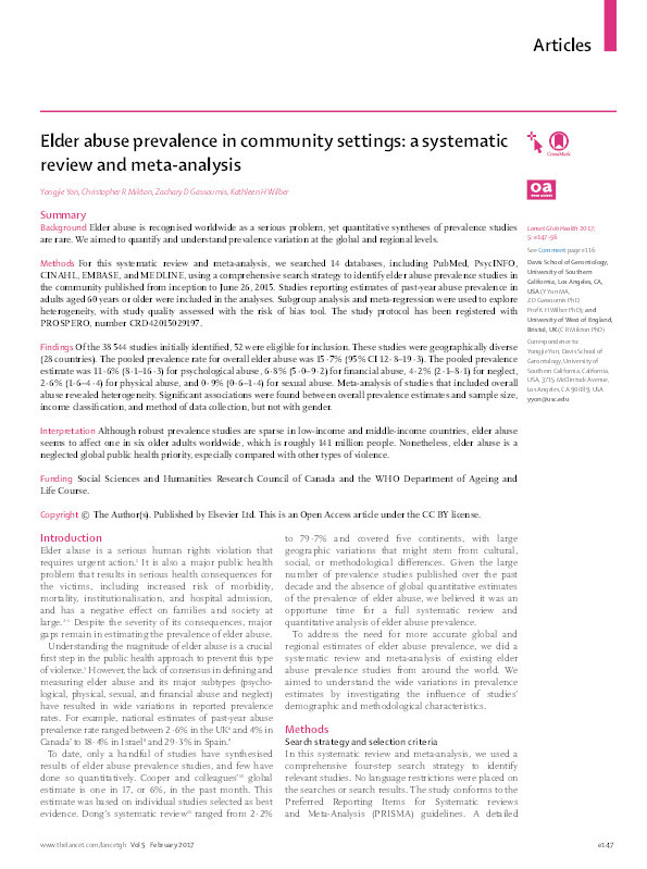 Elder abuse prevalence in community settings: A systematic review and meta-analysis Thumbnail