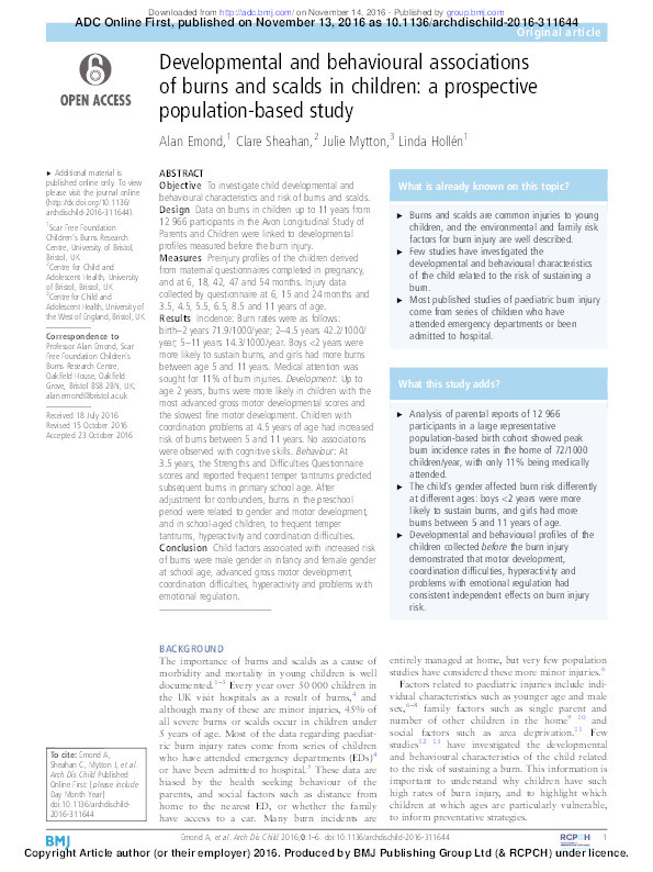 Developmental and behavioural associations of burns and scalds in children: A prospective population-based study Thumbnail