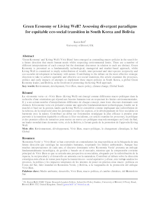 Green economy or living well? Assessing divergent paradigms for equitable eco-social transition in South Korea and Bolivia Thumbnail