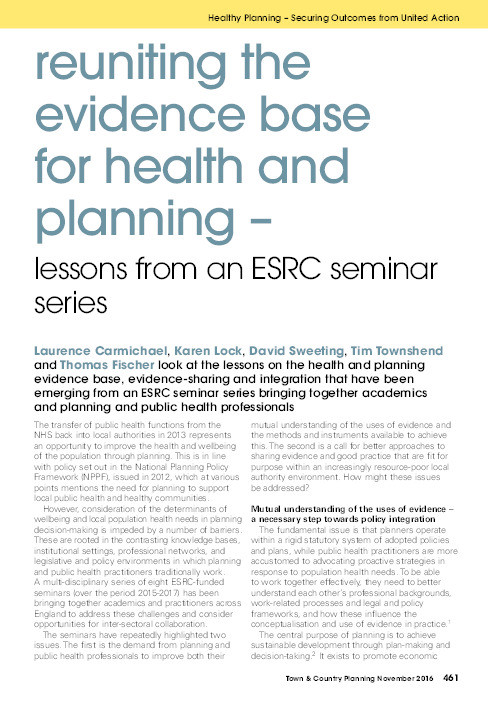 Evidence base for health and planning – lessons from an ESRC seminar series Thumbnail