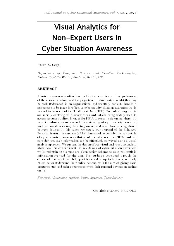 Visual analytics for non-expert users in cyber situation awareness Thumbnail