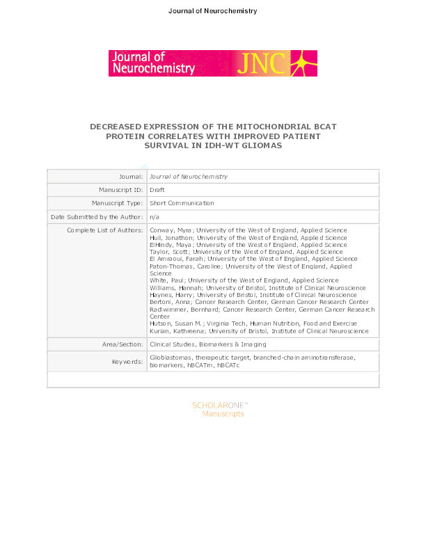 Decreased expression of the mitochondrial BCAT protein correlates with improved patient survival in IDH-WT gliomas Thumbnail