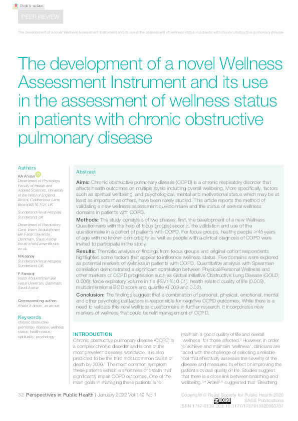 The development of a novel Wellness Assessment Instrument and its use in the assessment of wellness status in patients with chronic obstructive pulmonary disease Thumbnail