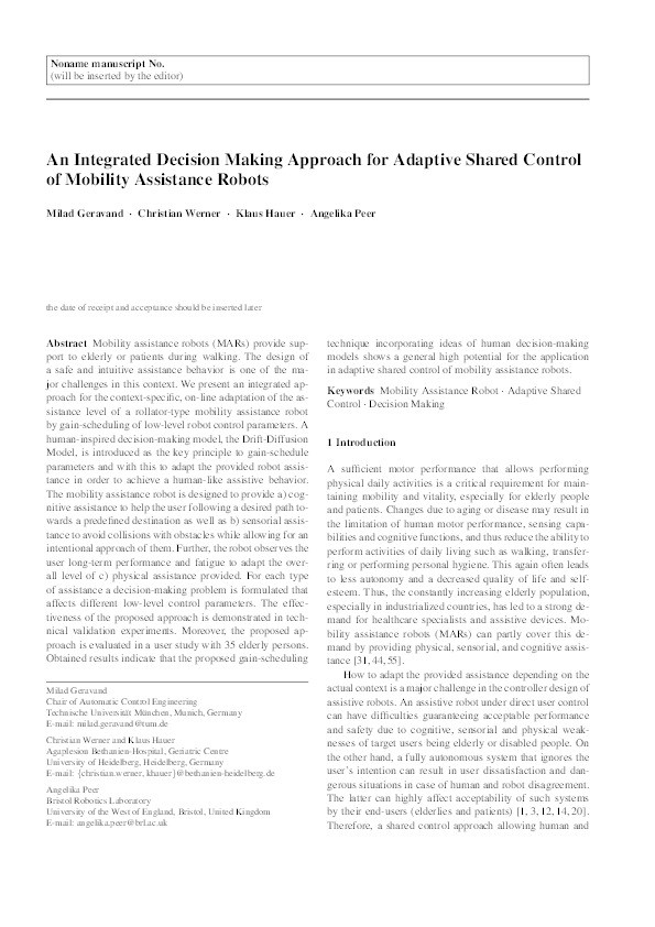 An Integrated Decision Making Approach for Adaptive Shared Control of Mobility Assistance Robots Thumbnail