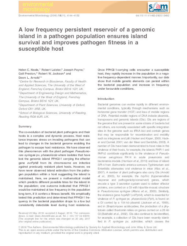 A low frequency persistent reservoir of a genomic island in a pathogen population ensures island survival and improves pathogen fitness in a susceptible host Thumbnail