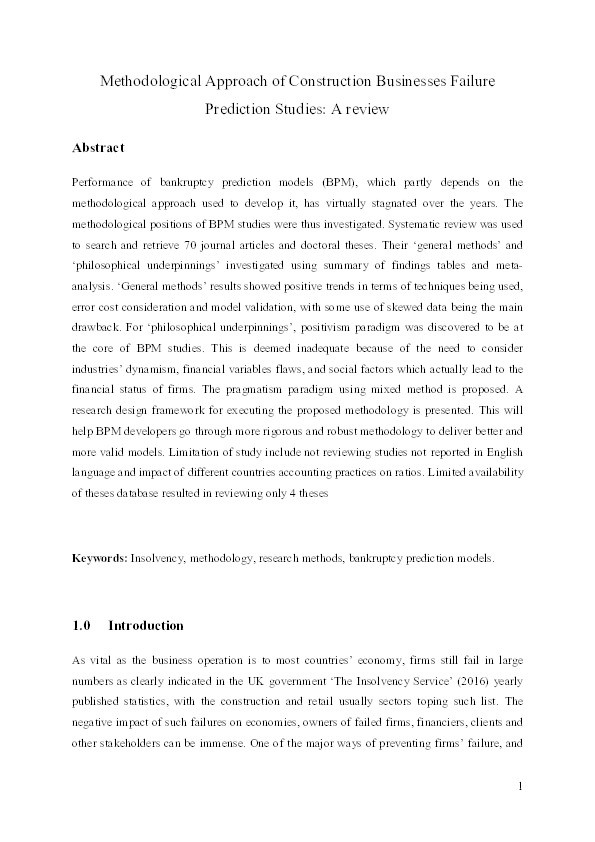 Methodological approach of construction business failure prediction studies: a review Thumbnail
