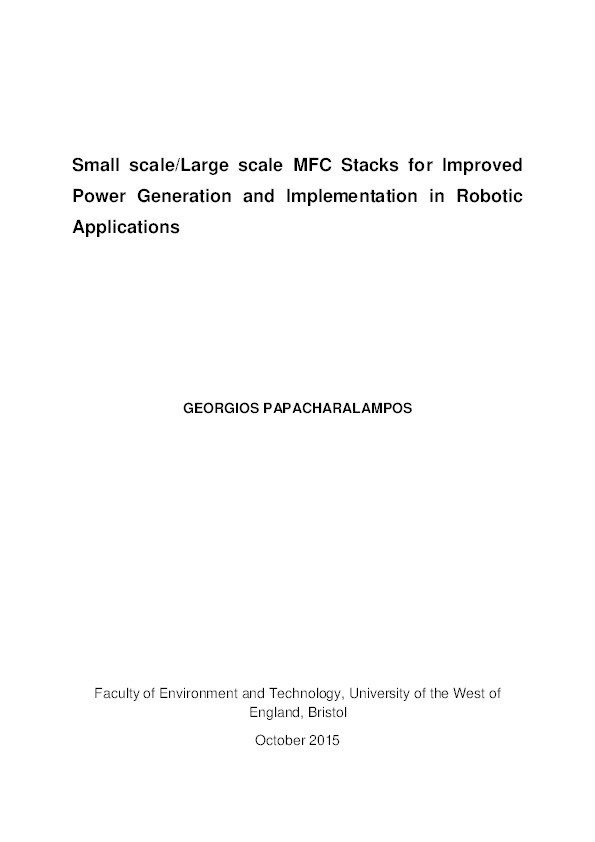Small scale/large scale MFC stacks for improved power generation and implementation in robotic applications Thumbnail