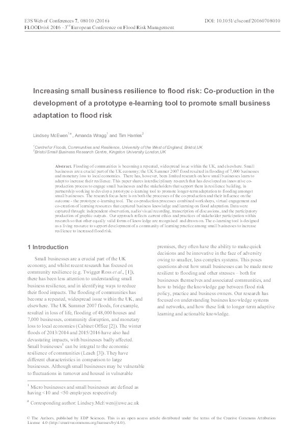 Increasing small business resilience to flood risk: Co-production in the development of a prototype e-learning tool to promote small business adaptation to flood risk Thumbnail