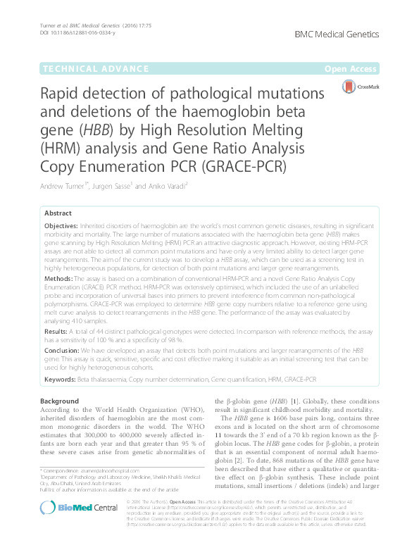 Rapid detection of pathological mutations and deletions of the haemoglobin beta gene (HBB) by High Resolution Melting (HRM) analysis and Gene Ratio Analysis Copy Enumeration PCR (GRACE-PCR) Thumbnail