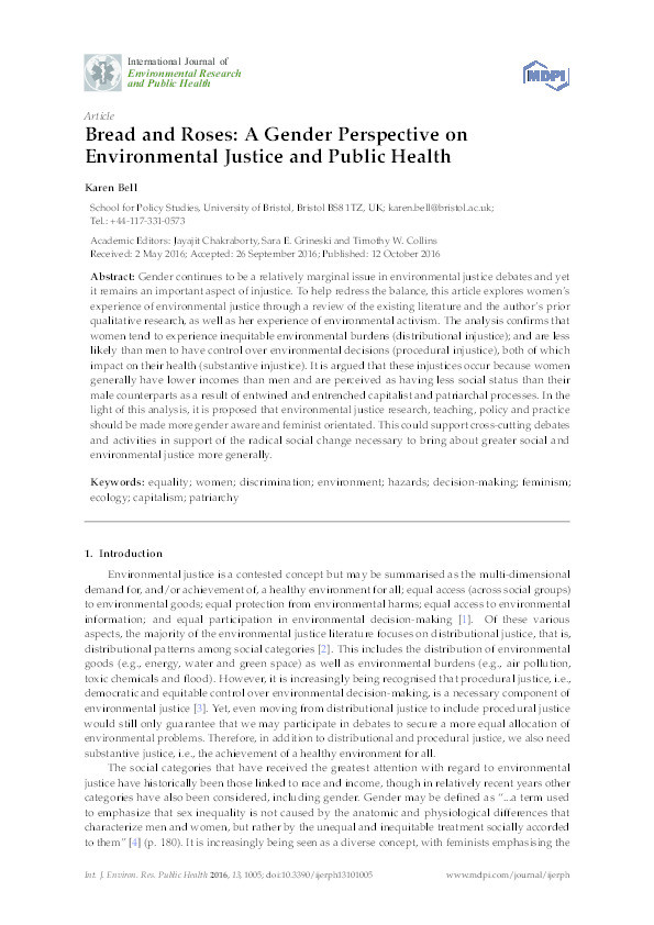 Bread and roses: A gender perspective on environmental justice and public health Thumbnail