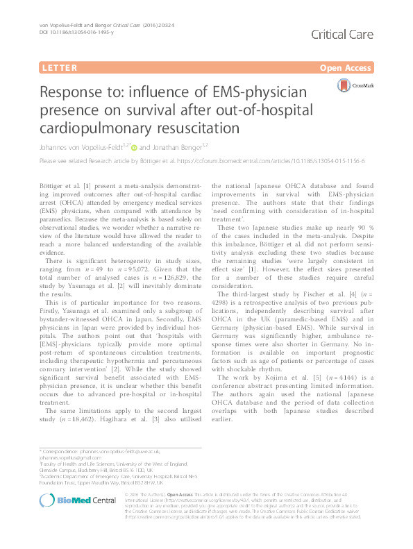 Response to: Influence of EMS-physician presence on survival after out-of-hospital cardiopulmonary resuscitation Thumbnail
