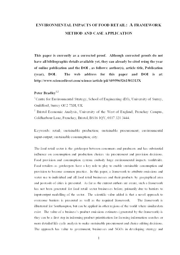 Environmental impacts of food retail: A framework method and case application Thumbnail