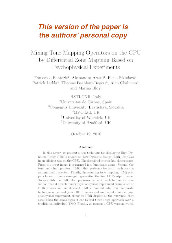 Mixing tone mapping operators on the GPU by differential zone mapping based on psychophysical experiments Thumbnail