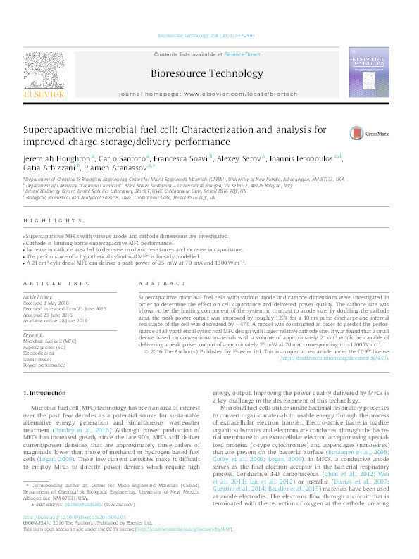 Supercapacitive microbial fuel cell: Characterization and analysis for improved charge storage/delivery performance Thumbnail