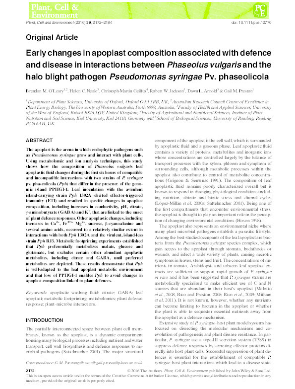 Early changes in apoplast composition associated with defence and disease in interactions between Phaseolus vulgaris and the halo blight pathogen Pseudomonas syringae Pv. phaseolicola Thumbnail