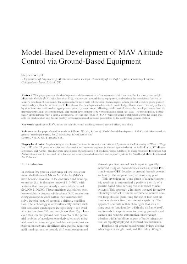 Model-based development of MAV altitude control via ground-based equipment Thumbnail