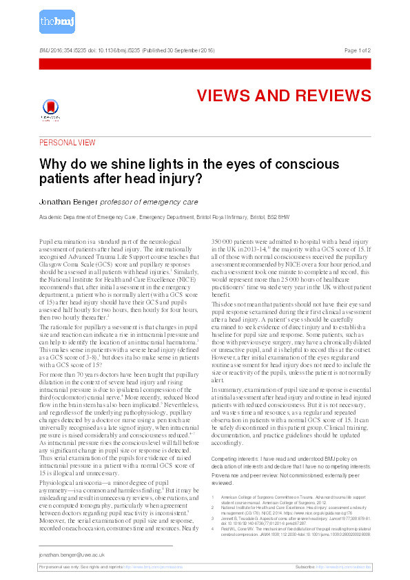 Why do we shine lights in the eyes of conscious patients after head injury? Thumbnail