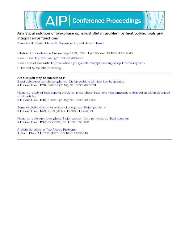 Analytical solution of two-phase spherical Stefan problem by heat polynomials and integral error functions Thumbnail