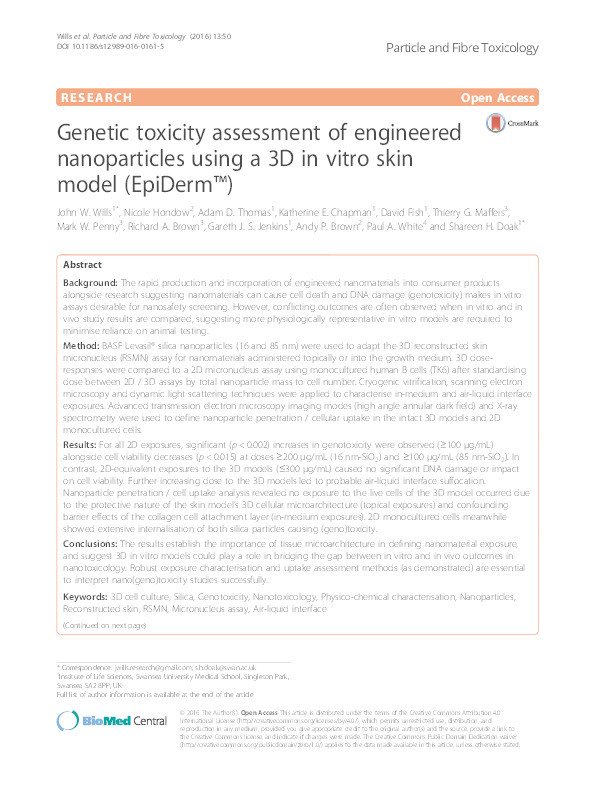 Genetic toxicity assessment of engineered nanoparticles using a 3D in vitro skin model (EpiDerm ™ ) Thumbnail