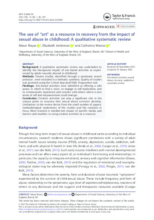 The use of “art” as a resource in recovery from the impact of sexual abuse in childhood: A qualitative systematic review Thumbnail
