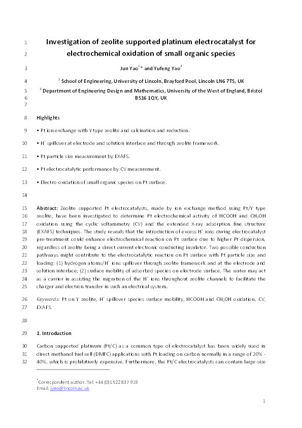 Investigation of zeolite supported platinum electrocatalyst for electrochemical oxidation of small organic species Thumbnail