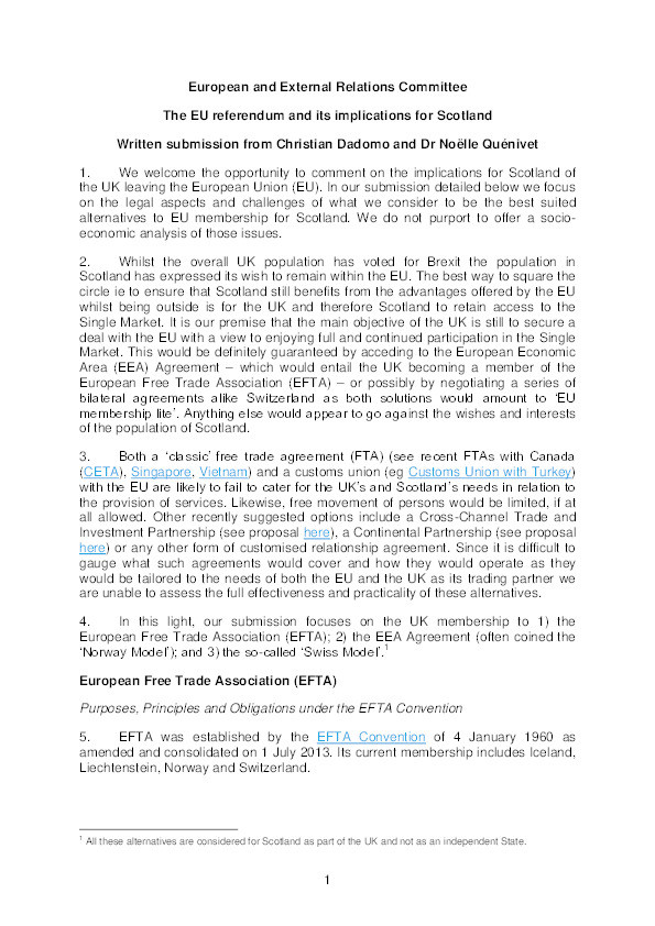 Submission to the European and External Relations Committee of the Scottish Parliament on the EU referendum and its implications for Scotland Thumbnail