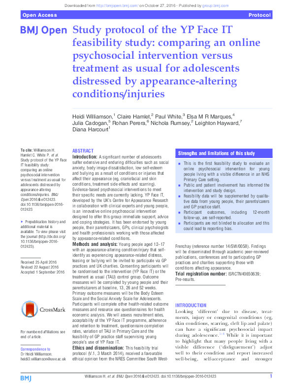 Study protocol of the YP Face IT feasibility study: Comparing an online psychosocial intervention versus treatment as usual for adolescents distressed by appearance-altering conditions/injuries Thumbnail