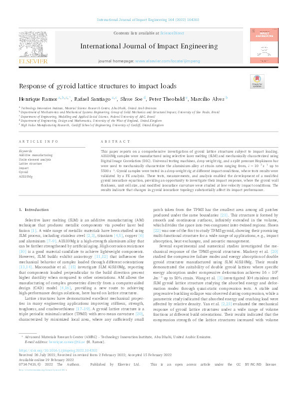 Response of gyroid lattice structures to impact loads Thumbnail