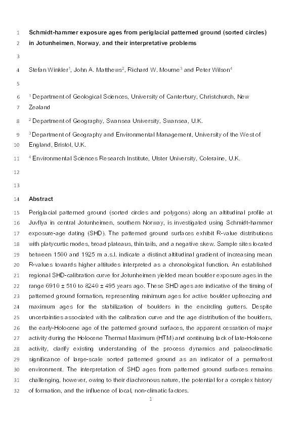 Schmidt-hammer exposure ages from periglacial patterned ground (sorted circles) in Jotunheimen, Norway, and their interpretative problems Thumbnail