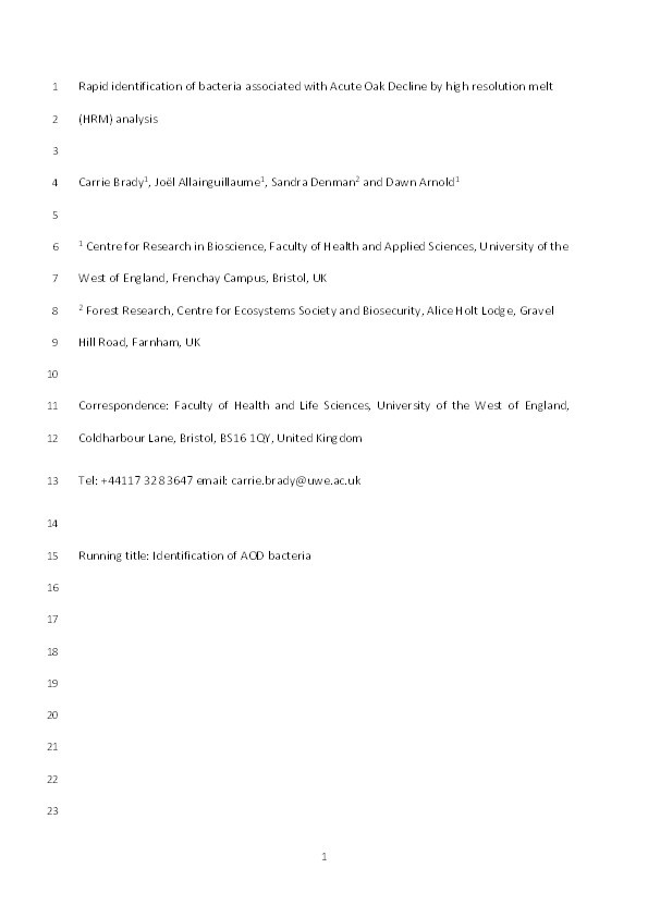 Rapid identification of bacteria associated with Acute Oak Decline by high-resolution melt analysis Thumbnail