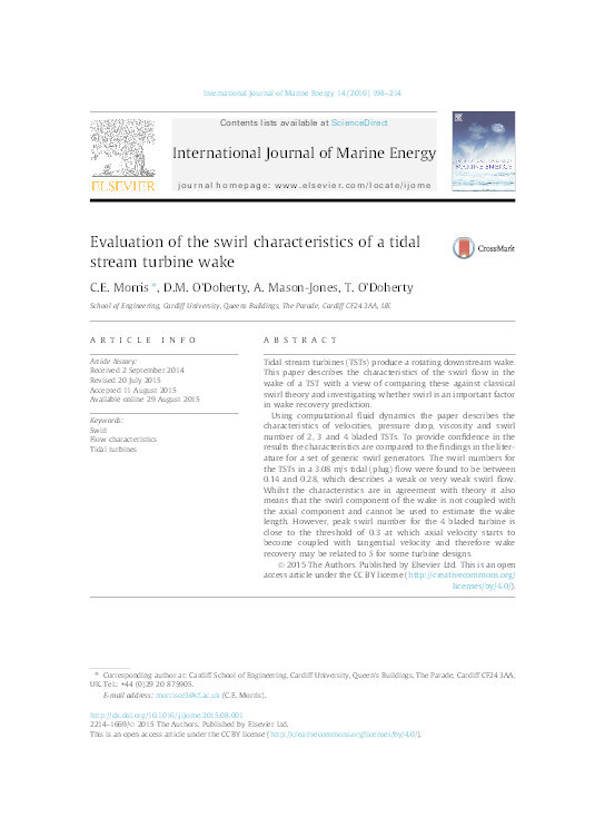 Evaluation of the swirl characteristics of a tidal stream turbine wake Thumbnail