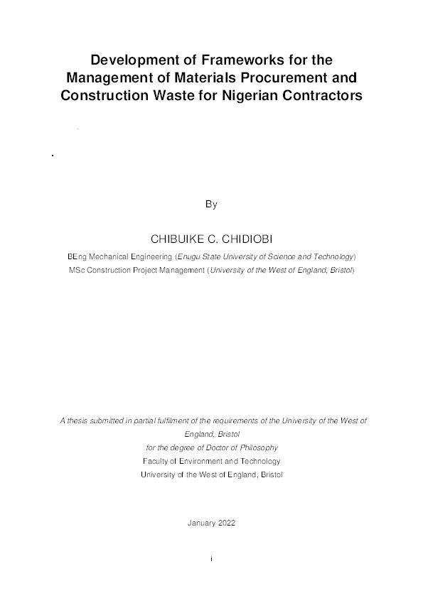 Development of frameworks for the management of materials procurement and construction waste for Nigerian contractors Thumbnail