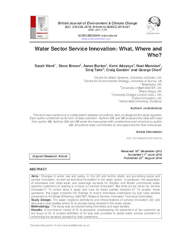 Water sector service innovation: what, where and who? Thumbnail