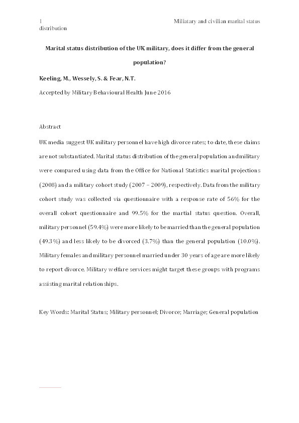 Marital status distribution of the U.K. military: Does it differ from the general population? Thumbnail