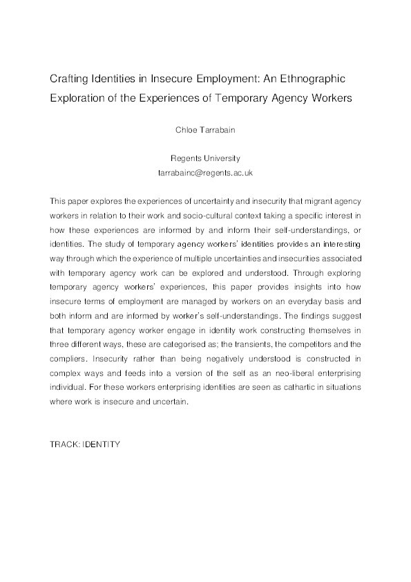 Crafting identities in insecure employment: An ethnographic exploration of the experiences of temporary agency workers Thumbnail