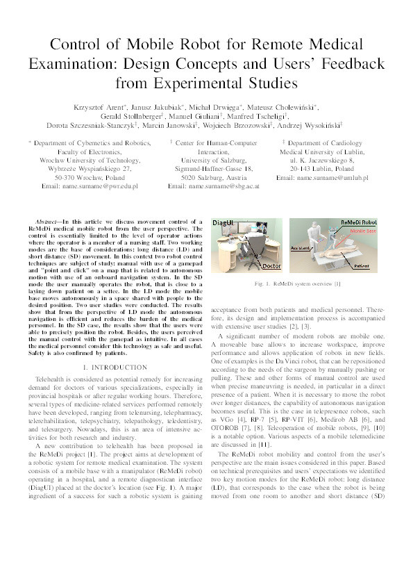 Control of mobile robot for remote medical examination: Design concepts and users' feedback from experimental studies Thumbnail