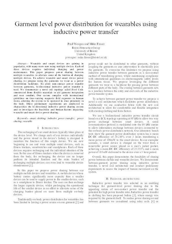 Garment level power distribution for wearables using inductive power transfer Thumbnail