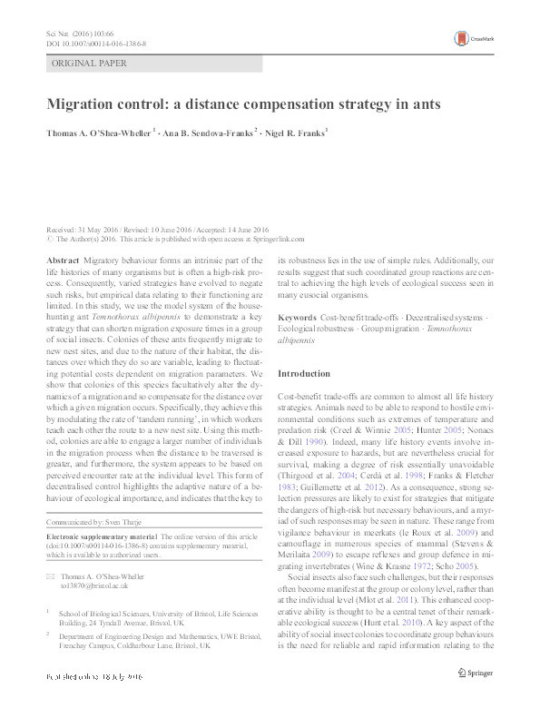 Migration control: A distance compensation strategy in ants Thumbnail