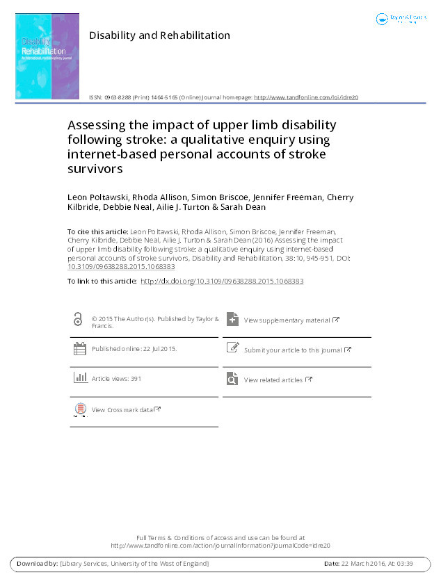 Assessing the impact of upper limb disability following stroke: A qualitative enquiry using internet-based personal accounts of stroke survivors Thumbnail