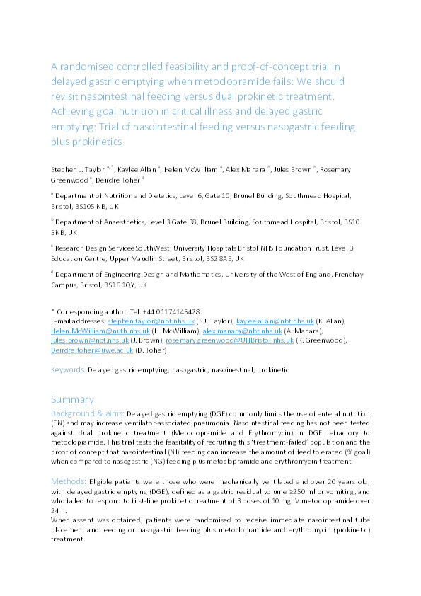 A randomised controlled feasibility and proof-of-concept trial in delayedgastric emptying when metoclopramide fails: We should revisitnasointestinal feeding versus dual prokinetic treatment: Achieving goal nutrition in critical illness and delayed gastric emptying: Trial of nasointestinal feeding versus nasogastric feeding plus prokinetics Thumbnail