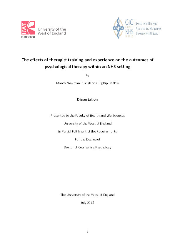 The effects of therapist training and experience on the outcomes of psychological therapy within an NHS setting Thumbnail