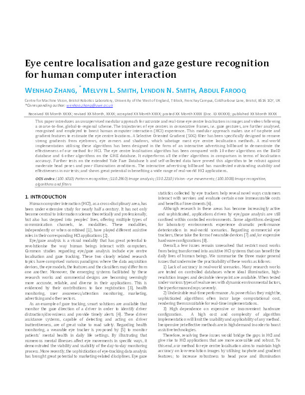 Eye center localization and gaze gesture recognition for human-computer interaction Thumbnail