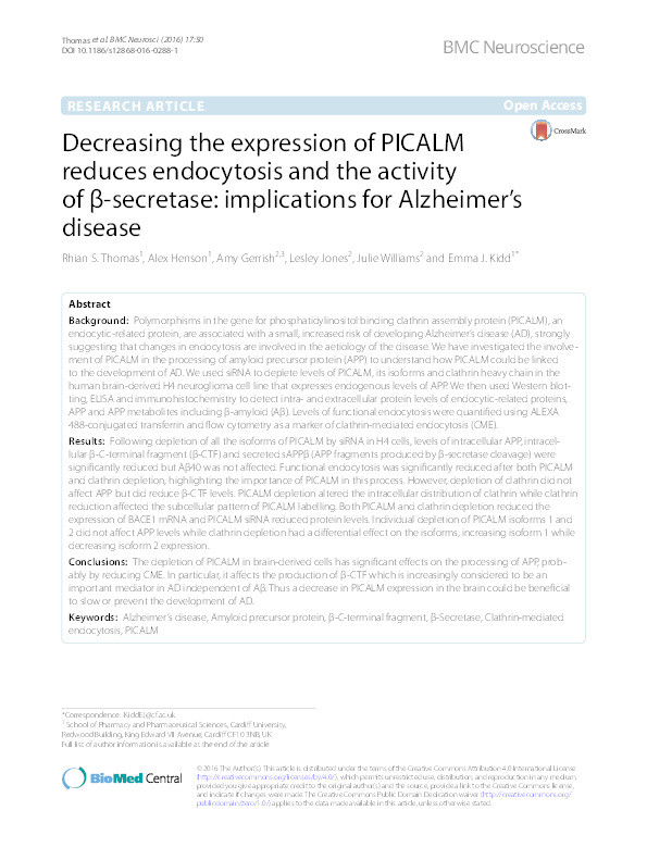 Decreasing the expression of PICALM reduces endocytosis and the activity of β-secretase: Implications for Alzheimer's disease Thumbnail