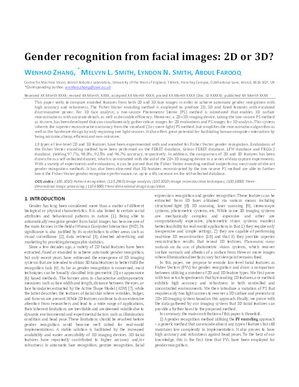Gender recognition from facial images: Two or three dimensions? Thumbnail