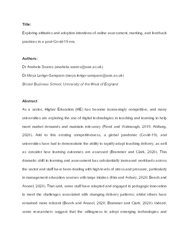 Exploring attitudes and adoption intentions of online assessment, marking, and feedback practices in a post-Covid-19 era Thumbnail