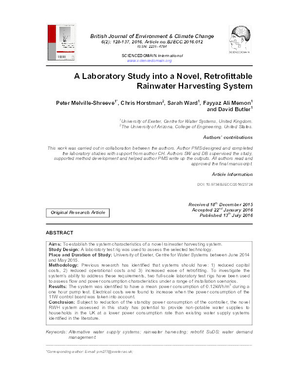 A laboratory study into a novel, retrofittable rainwater harvesting system Thumbnail