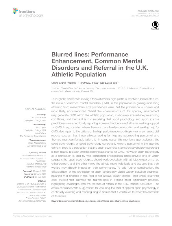 Blurred lines: Performance enhancement, common mental disorders and referral in the U.K. athletic population Thumbnail
