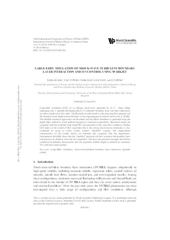 Large-eddy simulation of shock-wave/turbulent boundary-layer interactions and its control using Sparkjet Thumbnail