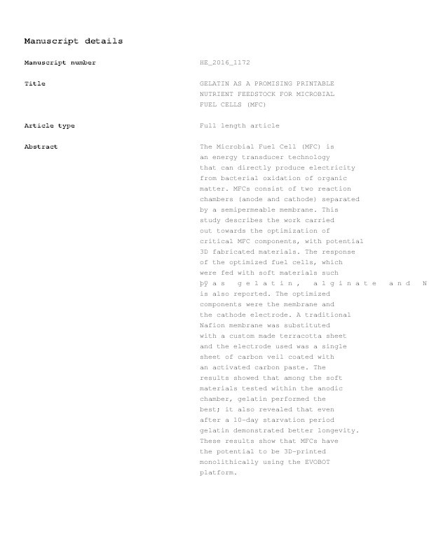 Gelatin as a promising printable feedstock for microbial fuel cells (MFC) Thumbnail