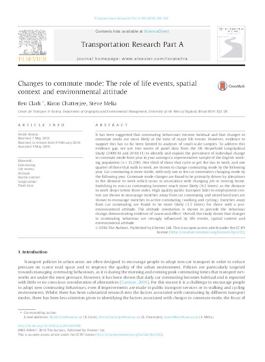 Changes to commute mode: The role of life events, spatial context and environmental attitude Thumbnail